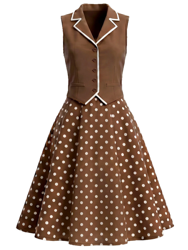 [Prévente] Robe Marron à Pois Col V Fake Two Piece Années 1950