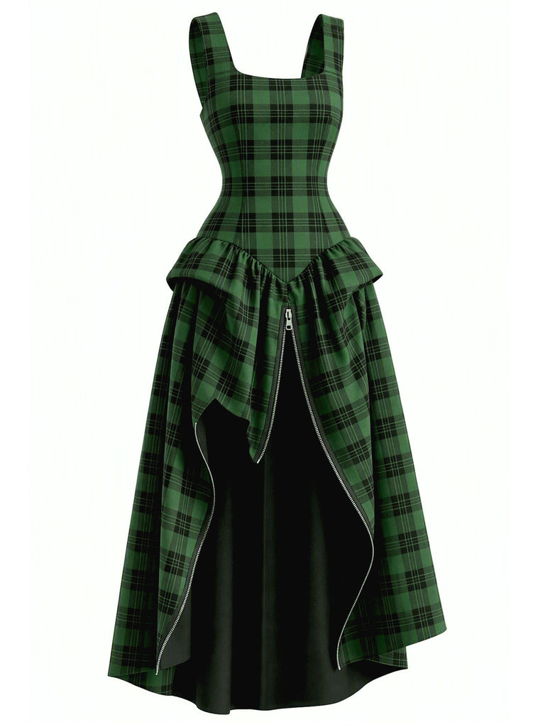 [Prévente] Robe Midi Gothique à Carreaux Superposée avec Fente Vert Années 1960