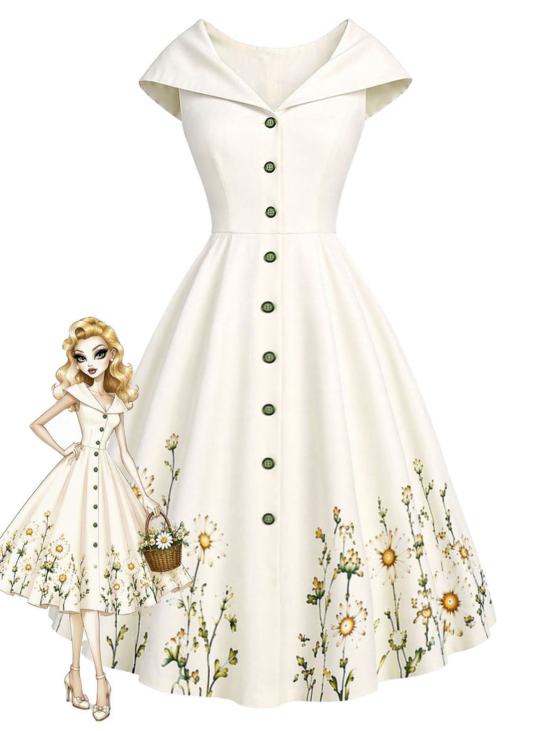 [Prévente] Robe kaki florale ajustée à boutons et col marin Années 1950