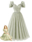 [Prévente] Robe verte mousseline encolure cœur manches nœuds années 50
