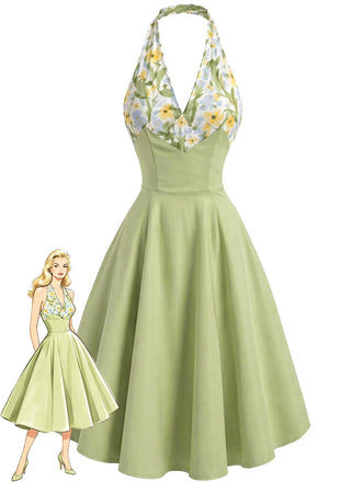 [Prévente] Robe Vert Floral Patchwork Col V Dos Nu Évasé Années 1950