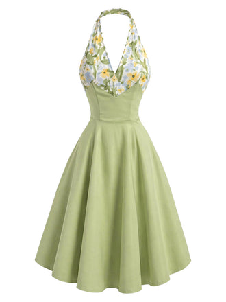 [Prévente] Robe Vert Floral Patchwork Col V Dos Nu Évasé Années 1950 2