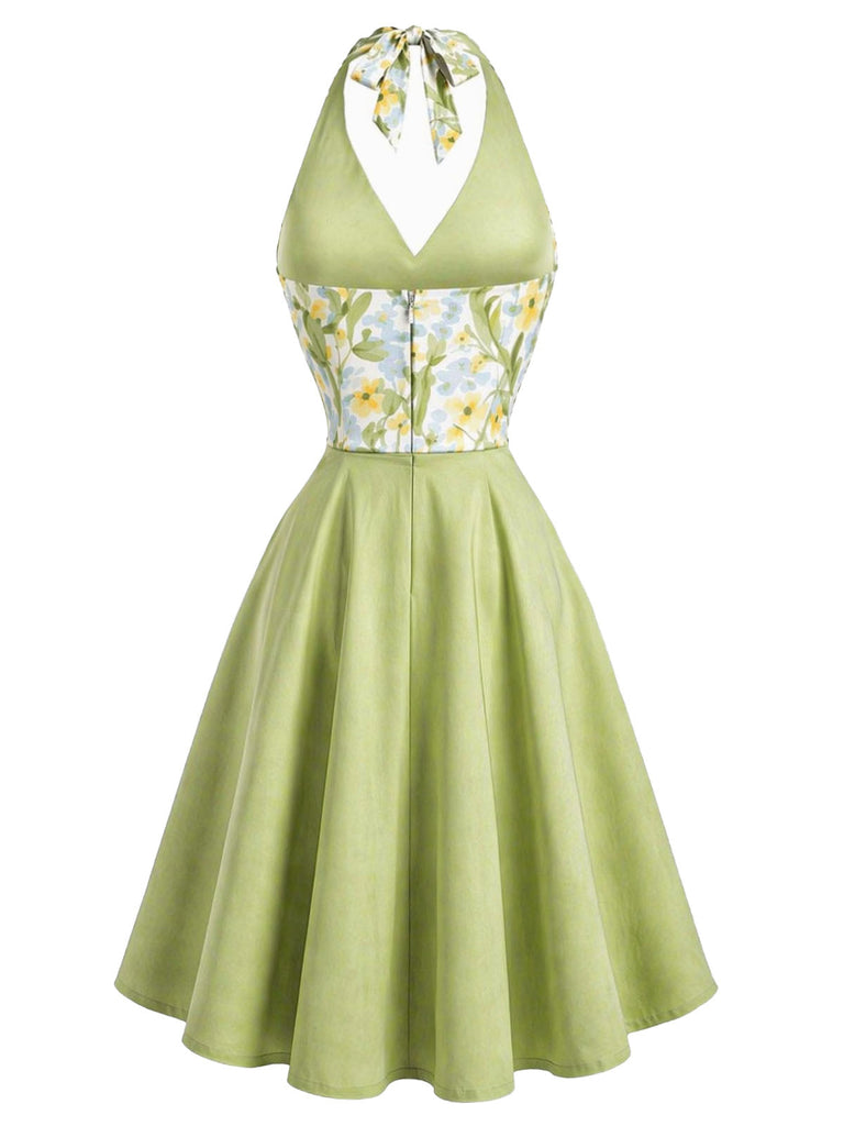 [Prévente] Robe Vert Floral Patchwork Col V Dos Nu Évasé Années 1950 3