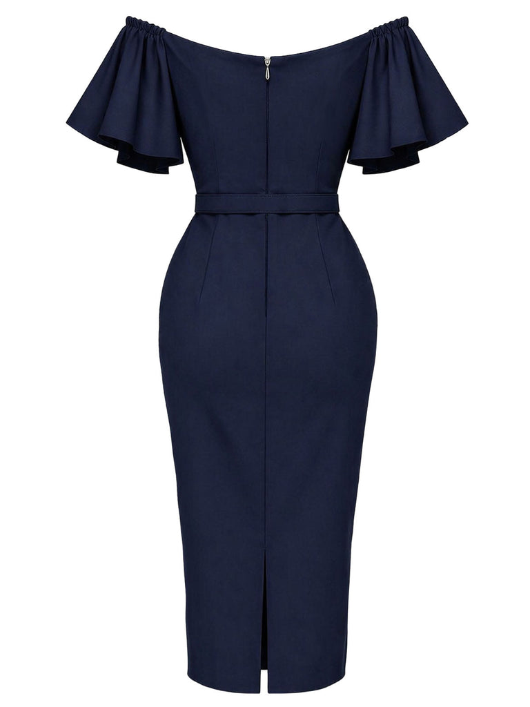 [Prévente] Robe crayon bleu marine à volants et épaules dénudées années 1960