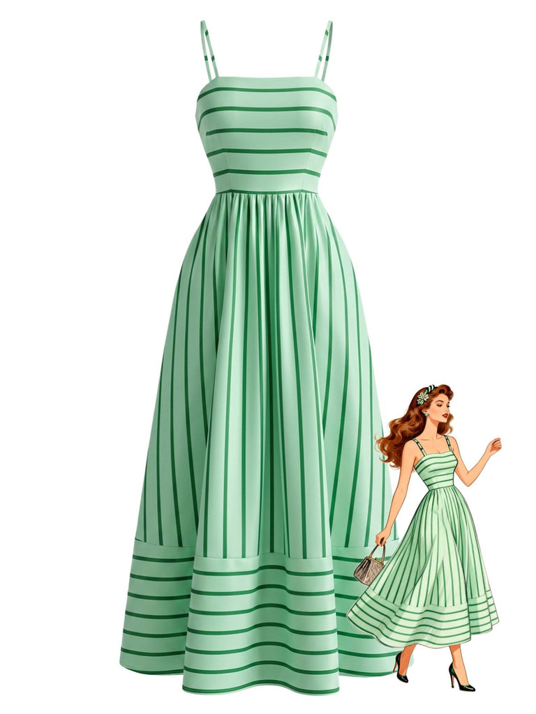 Robe Bretelles Spaghetti Rayé Mi-Longue Découpé Vert Années 1950