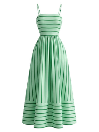 Robe Bretelles Spaghetti Rayé Mi-Longue Découpé Vert Années 1950 2