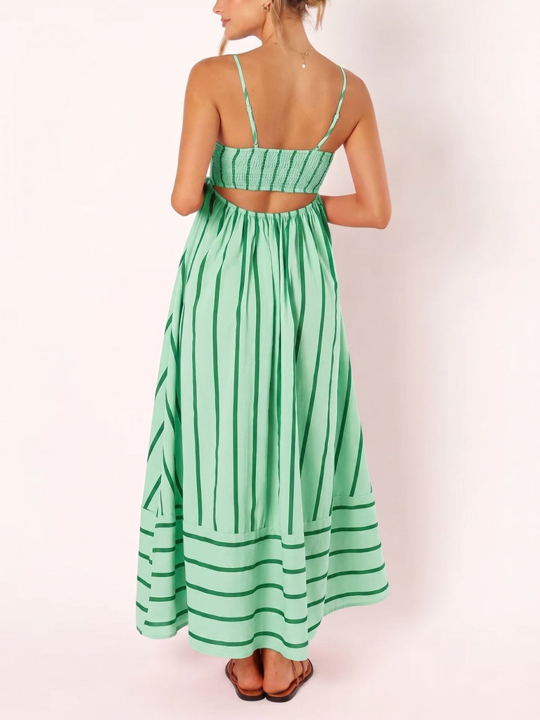 Robe Bretelles Spaghetti Rayé Mi-Longue Découpé Vert Années 1950 5