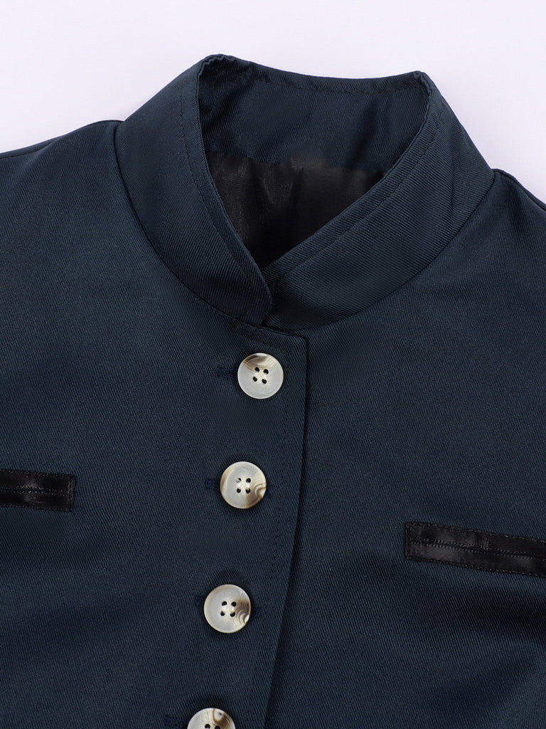 Veste à Col Montant et Boutons Bleu Marine Années 1950