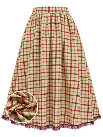 [Prévente] Jupe à Carreaux Taille Haute Dentelle Trim Ligne A avec Poches Années 1940