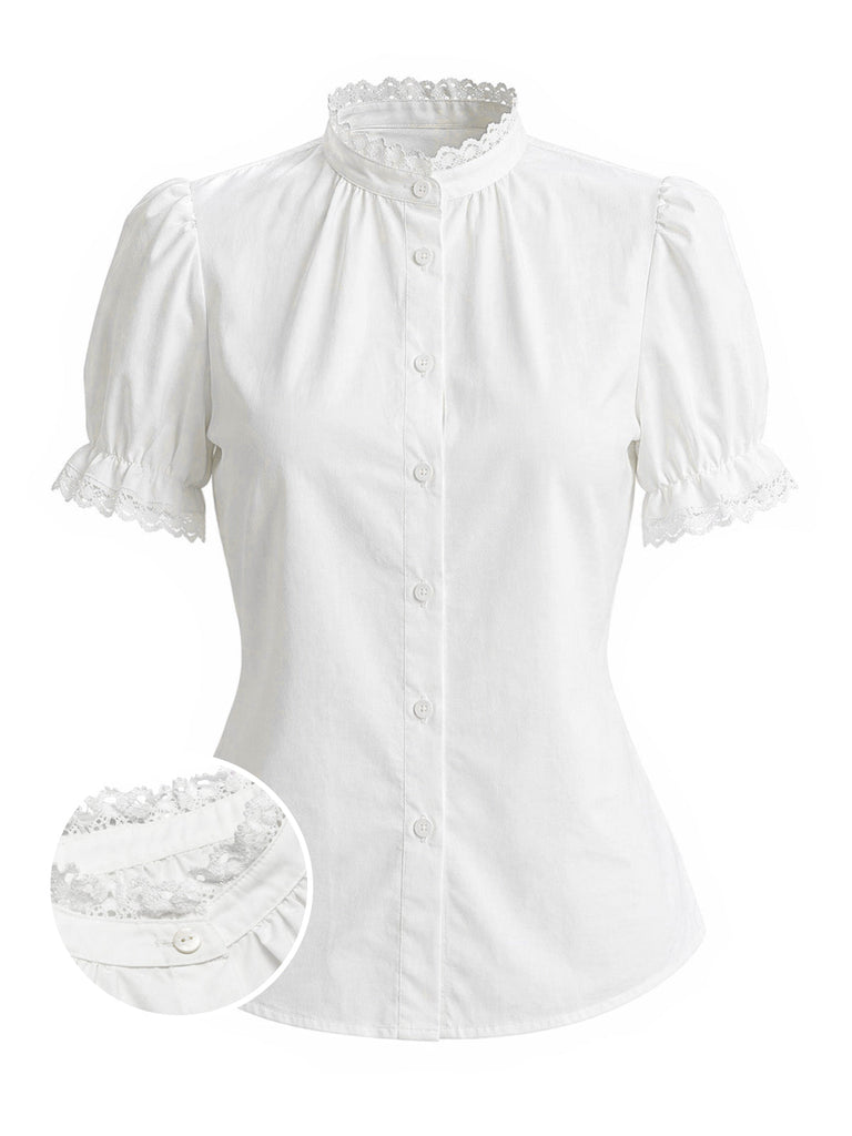 [Prévente] Blouse Blanche Unie Dentelle Patchwork Manches Bouffantes Années 1950