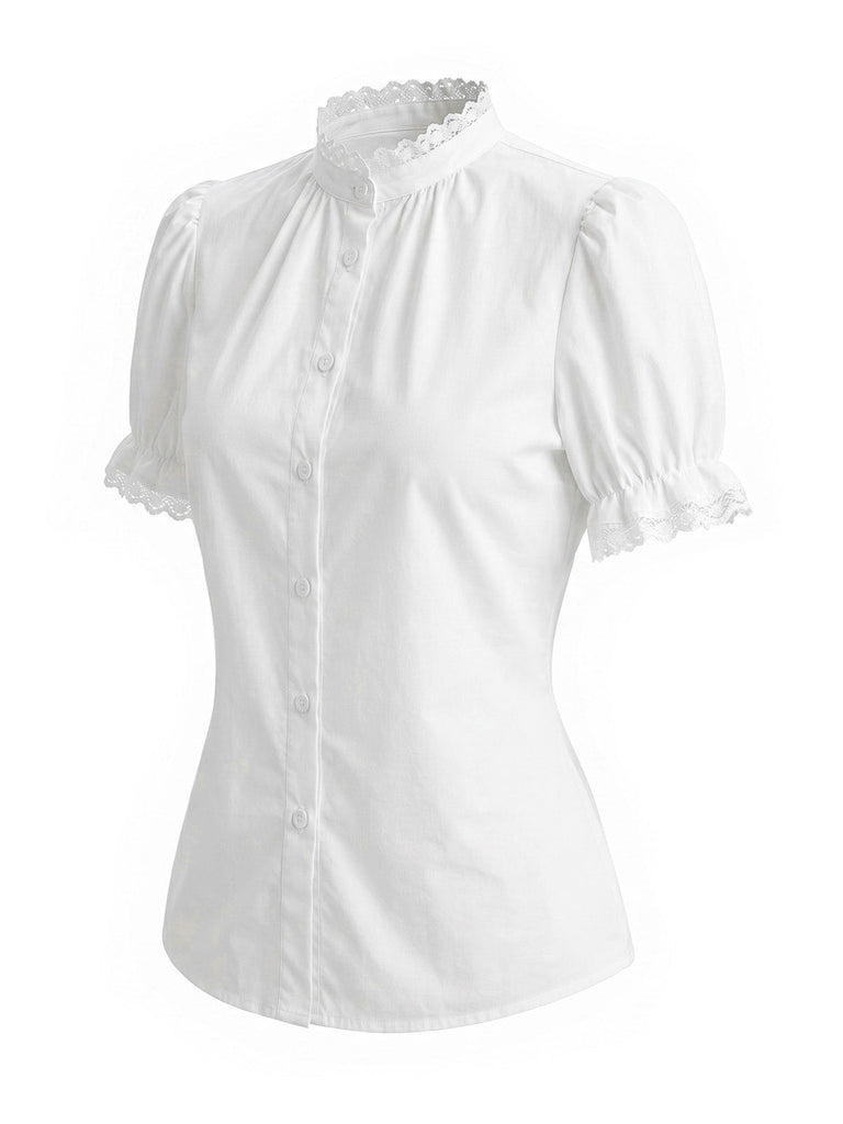 [Prévente] Blouse Blanche Unie Dentelle Patchwork Manches Bouffantes Années 1950 3