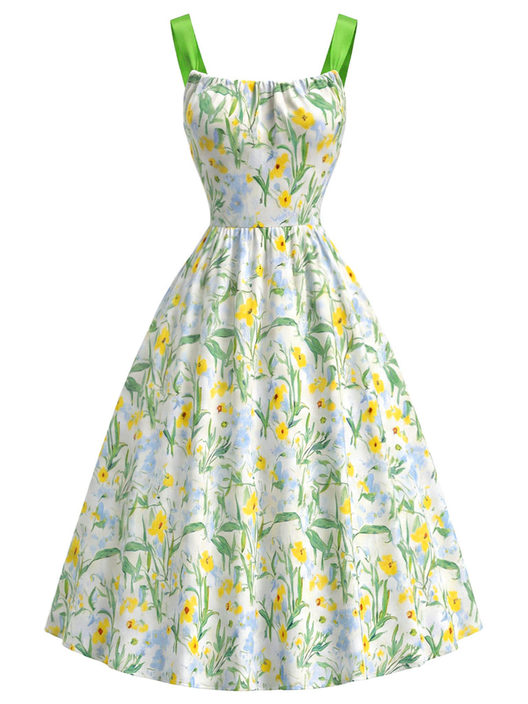 [Prévente] Robe Chartreuse Florale Ruban Vert Contrasté Nœud au Dos Années 1950 2
