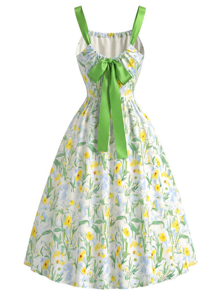 [Prévente] Robe Chartreuse Florale Ruban Vert Contrasté Nœud au Dos Années 1950 4