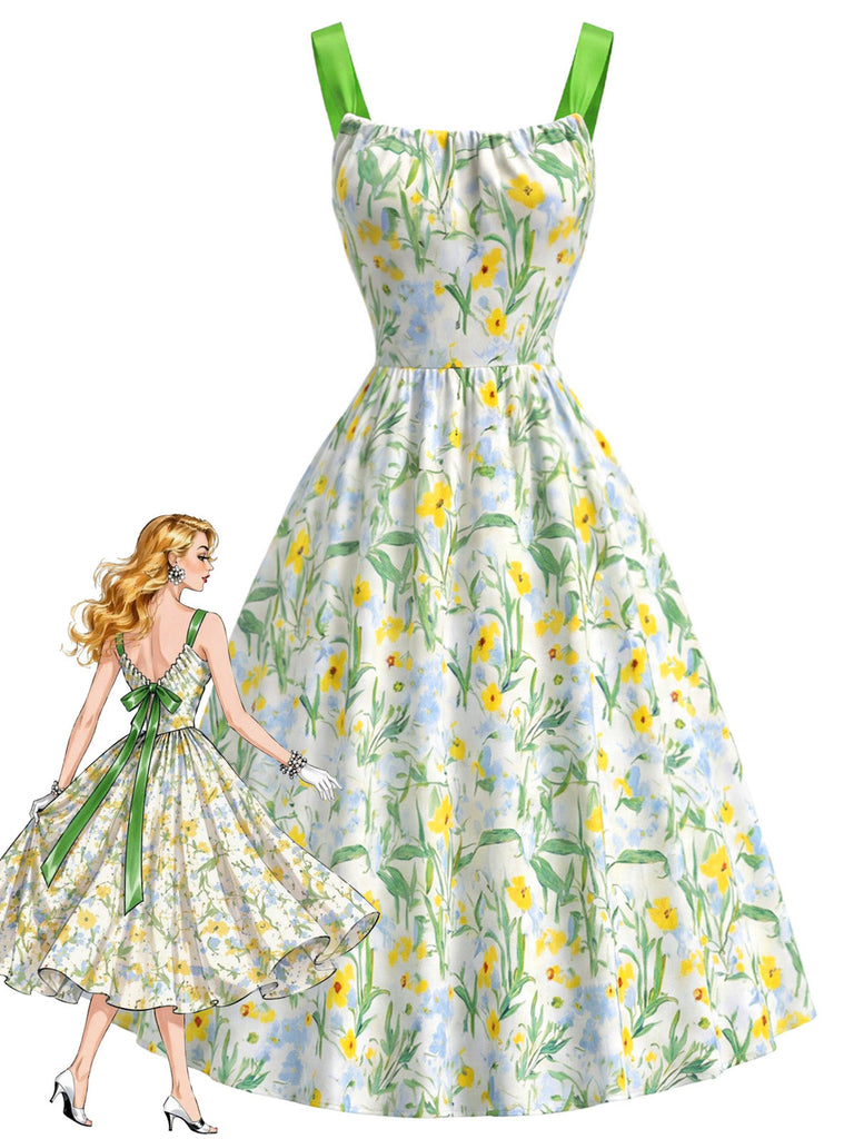 [Prévente] Robe Chartreuse Florale Ruban Vert Contrasté Nœud au Dos Années 1950