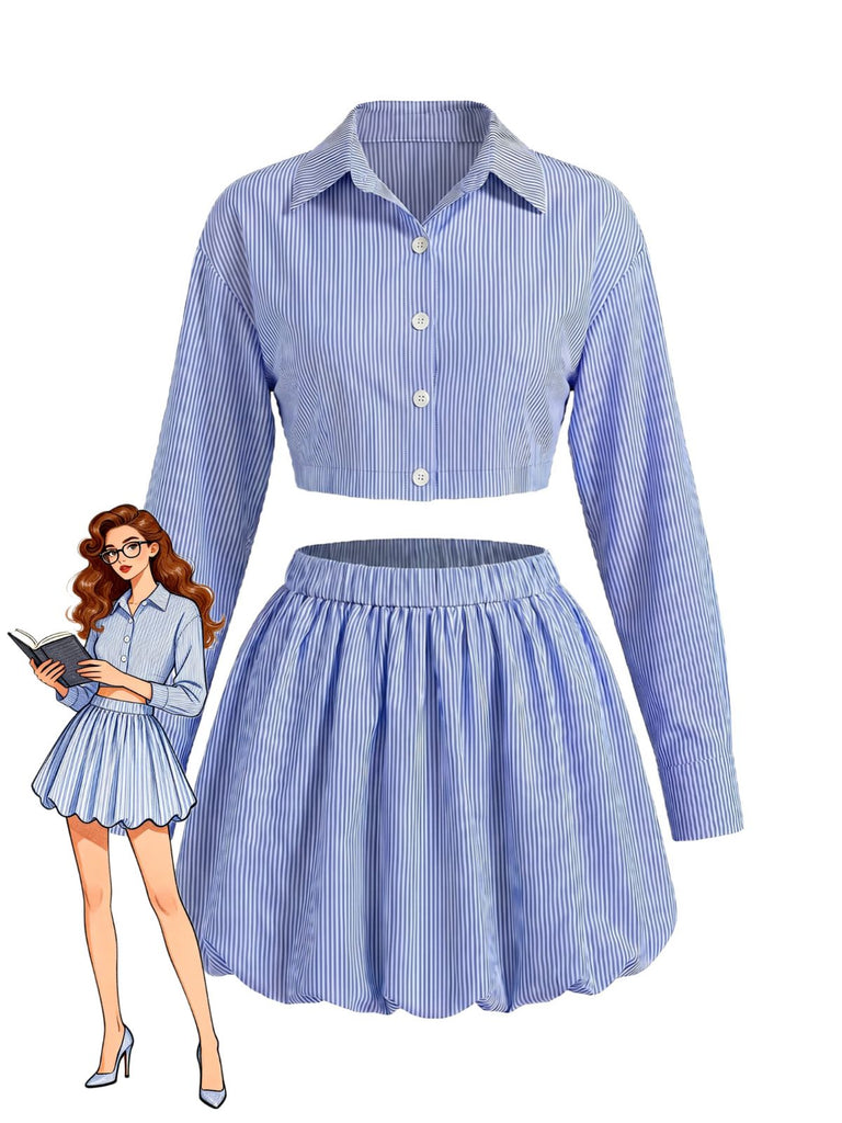 Ensemble Bleu Rayé Crop Chemise & Bubble Mini Années 1960