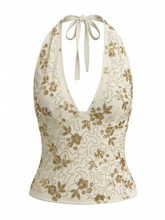 Tops Beige Dos Nu Paillettes Gainant Années 1960