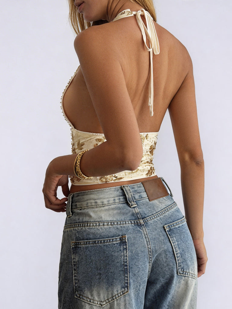 Tops Beige Dos Nu Paillettes Gainant Années 1960 4