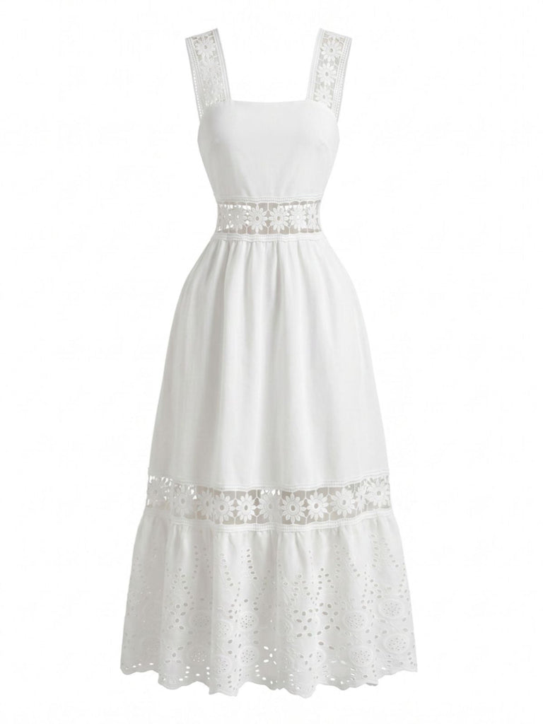 Robe Blanc Bohème Eyelet Brodé Midi Années 1970 2