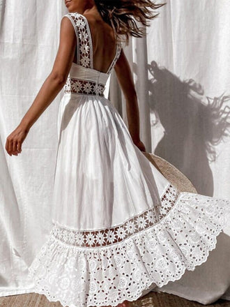 Robe Blanc Bohème Eyelet Brodé Midi Années 1970 4