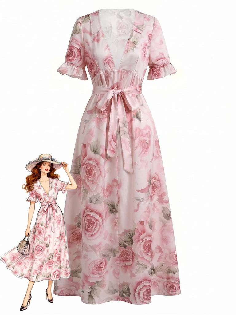 Robe Volant Col V Mi-Longue Manche Rose Rose Années 1930