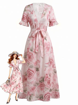 Robe Volant Col V Mi-Longue Manche Rose Rose Années 1930