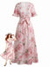 Robe Volant Col V Mi-Longue Manche Rose Rose Années 1930