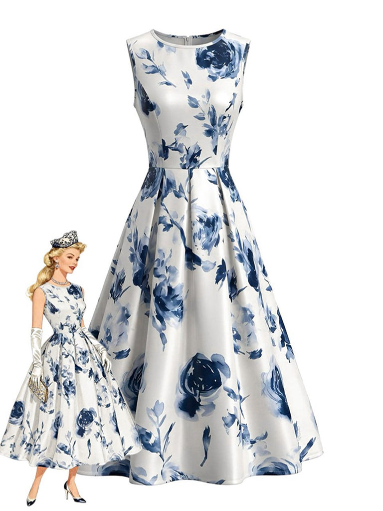Robe sans manches motif roses et encolure ronde années 1950