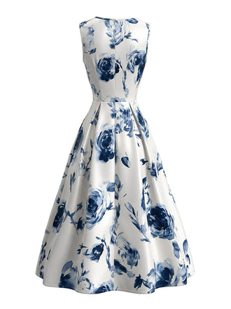 Robe sans manches motif roses et encolure ronde années 1950