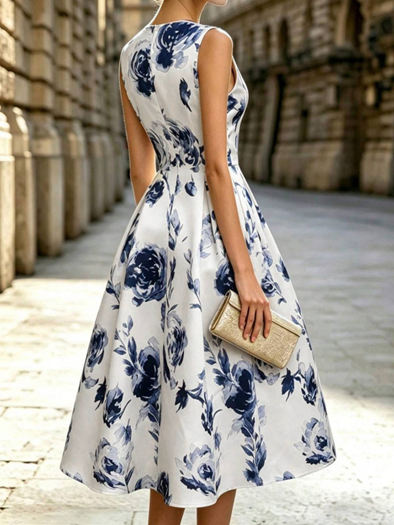 Robe sans manches motif roses et encolure ronde années 1950