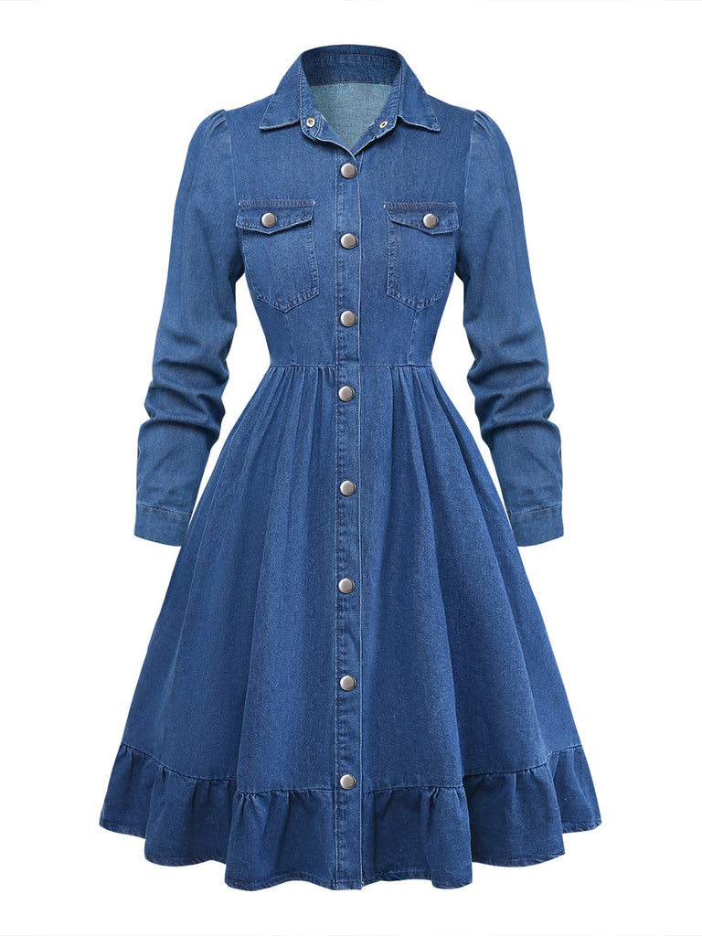 Robe Bleu Revers Boutonné Denim Shirt Années 1950