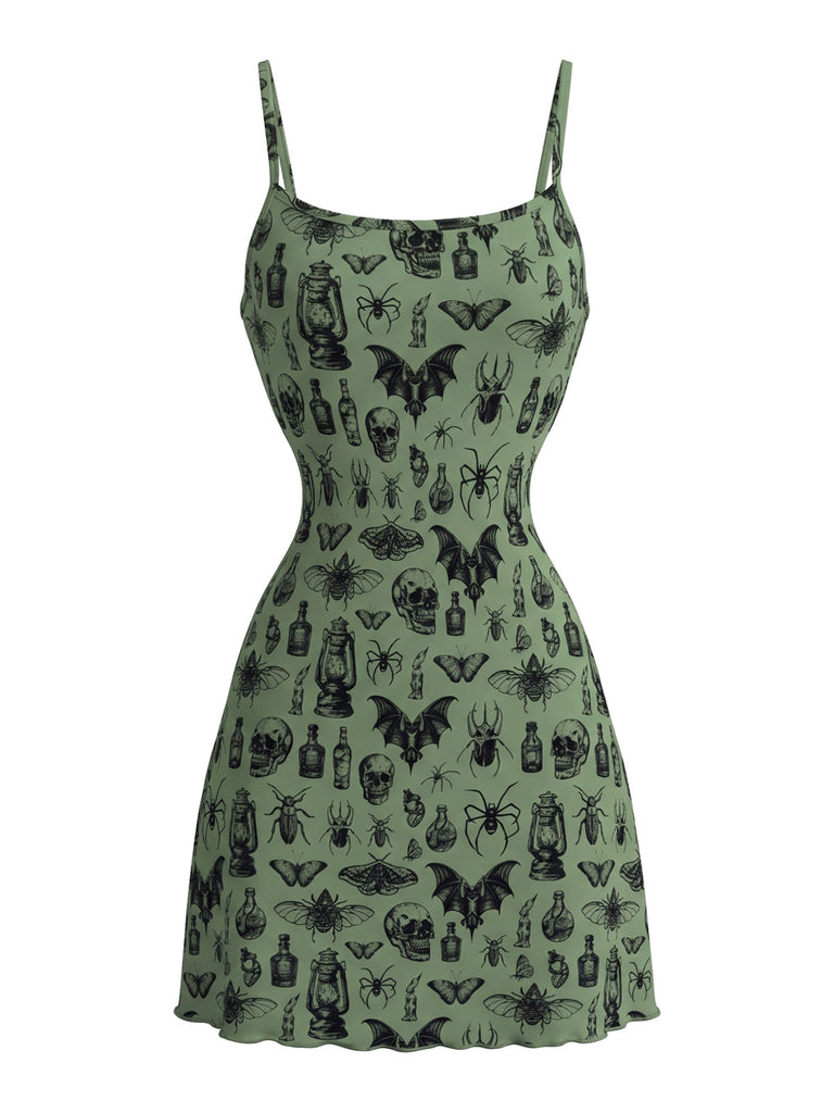 Robe courte Punk à fines bretelles et imprimé crânes et chauves-souris années 1980
