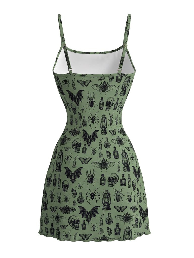 Robe courte Punk à fines bretelles et imprimé crânes et chauves-souris années 1980