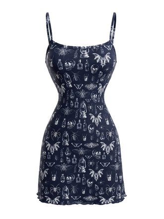 Robe courte Punk à fines bretelles et imprimé crânes et chauves-souris années 1980