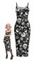 Robe noire moulante gothique motif tête mort et rose années 1930