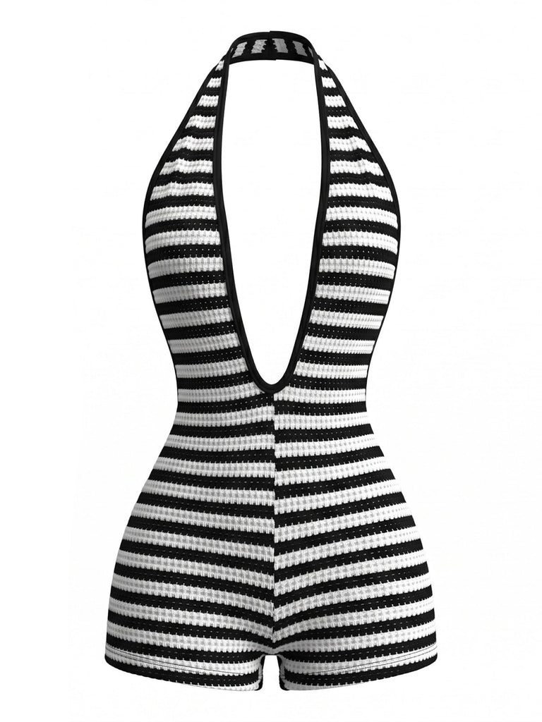 Combishort Noir Rayé Dos Nu Tricot Années 1970 2