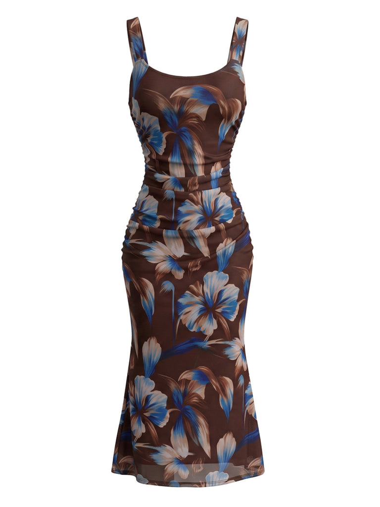 Robe moulante florale en tulle à col carré Années 1930