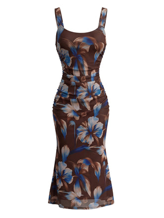 Robe moulante florale en tulle à col carré Années 1930
