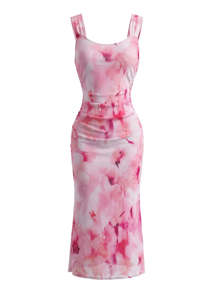 Robe moulante florale en tulle à col carré Années 1930