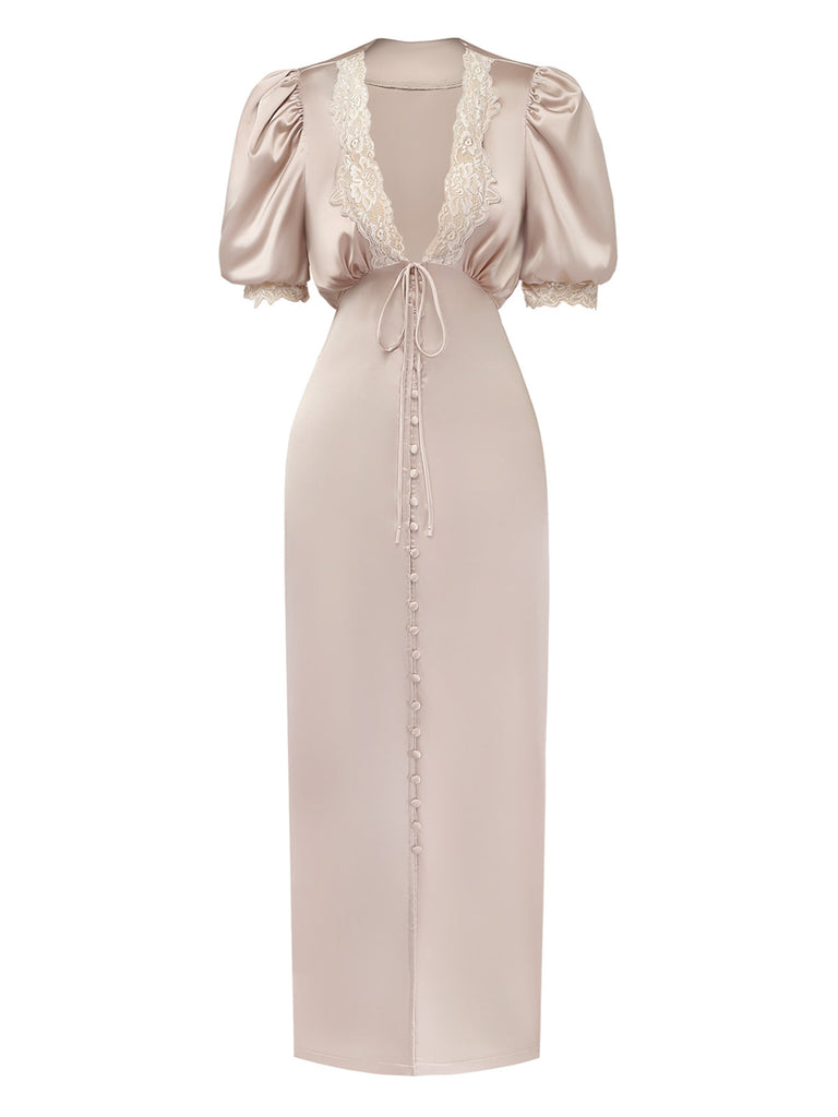 Robe Midi en Satin et Dentelle à Manches Bouffantes Champagne Années 1930