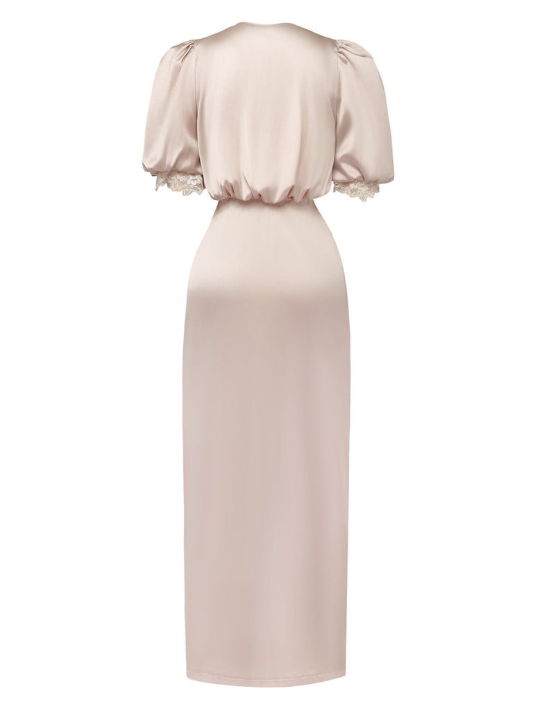 Robe Midi en Satin et Dentelle à Manches Bouffantes Champagne Années 1930