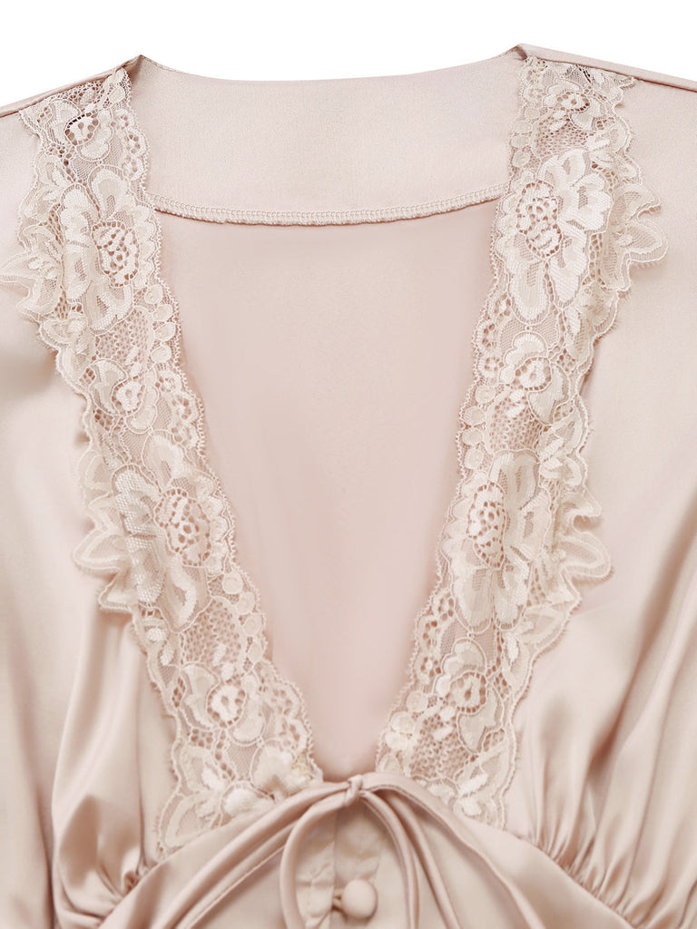 Robe Midi en Satin et Dentelle à Manches Bouffantes Champagne Années 1930