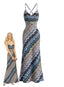 Robe longue fines bretelles multicolore motif zigzag années 80