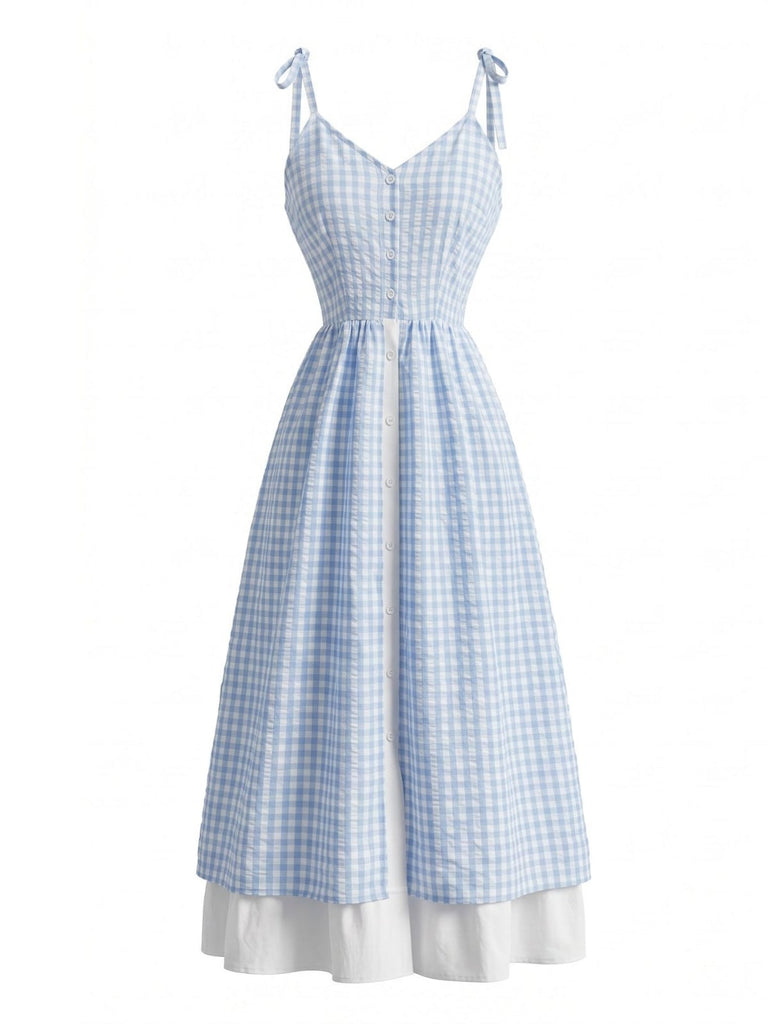 Robe Bleu & Blanc Bretelles Fines Bretelles à Carreaux Boutonné Années 1950 2