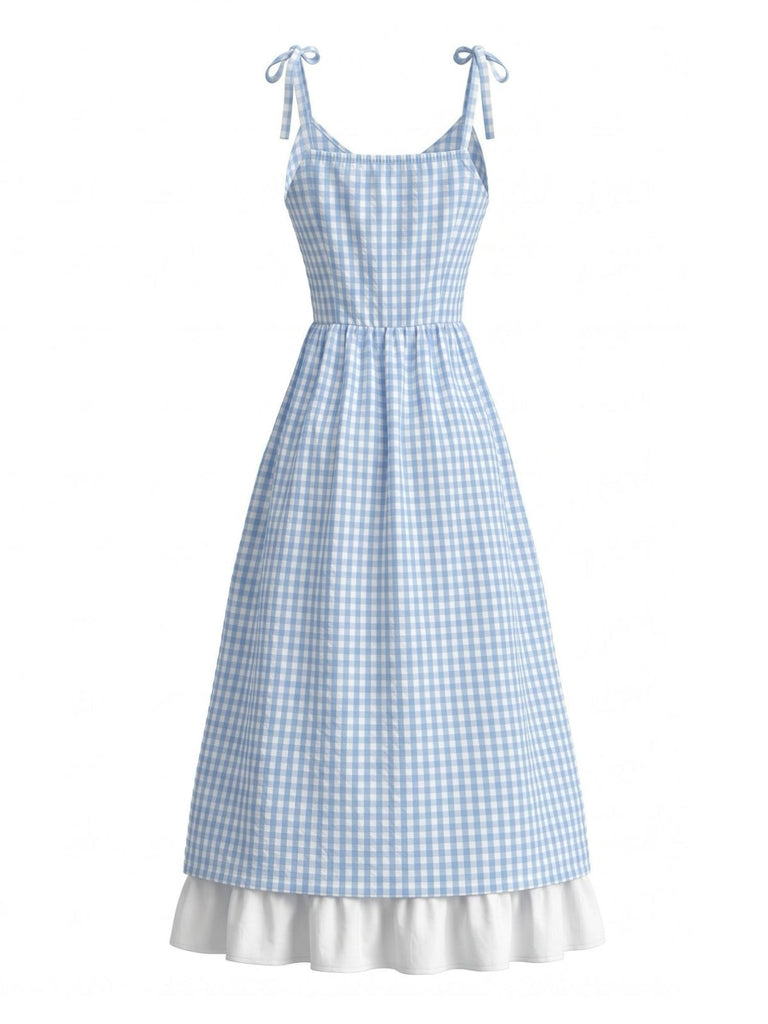 Robe Bleu & Blanc Bretelles Fines Bretelles à Carreaux Boutonné Années 1950 3