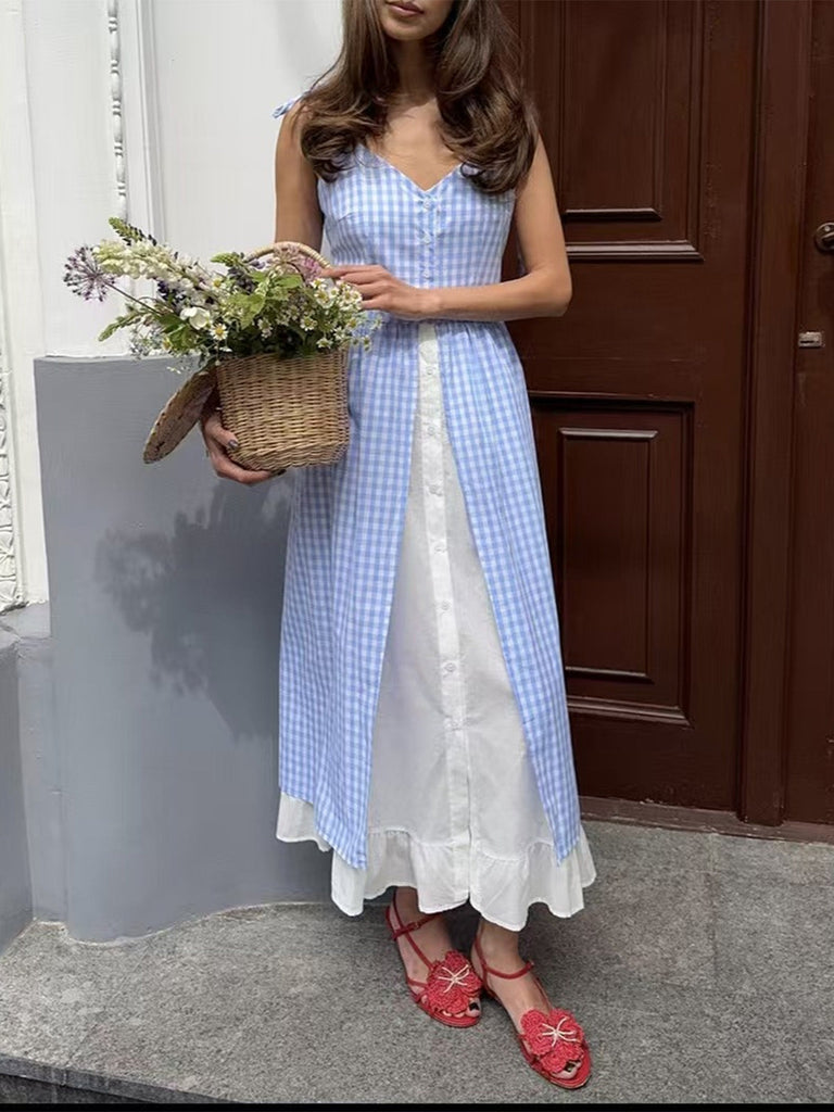 Robe Bleu & Blanc Bretelles Fines Bretelles à Carreaux Boutonné Années 1950 5