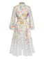 Robe blanche manches longues imprimé floral boutonnée et ceinturée années 1940