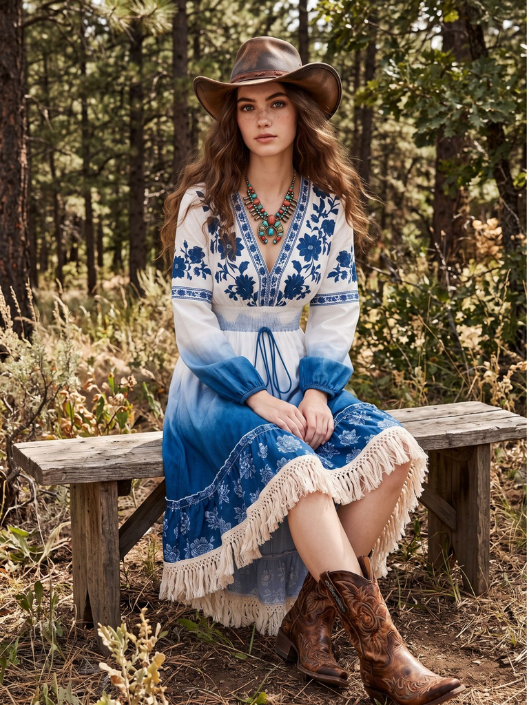 Robe Bleu Floral Ombre Tassel Fringe Boho Années 1970
