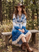 Robe Bleu Floral Ombre Tassel Fringe Boho Années 1970