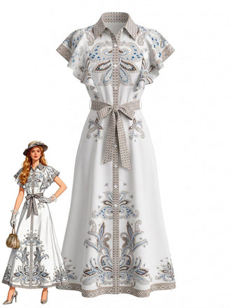 Robe Vintage Imprimé Floral Boutonné Maxi Shirt Années 1930