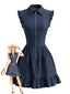 Robe Bleu Marine Denim Manches à Volants Années 1980